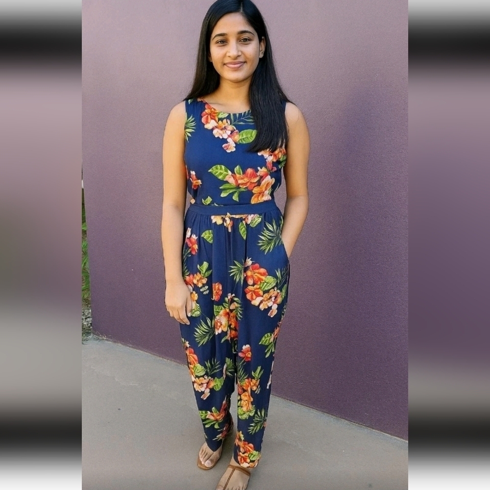 Ambiance Navy Floral Sleeveless Jumpsuit
